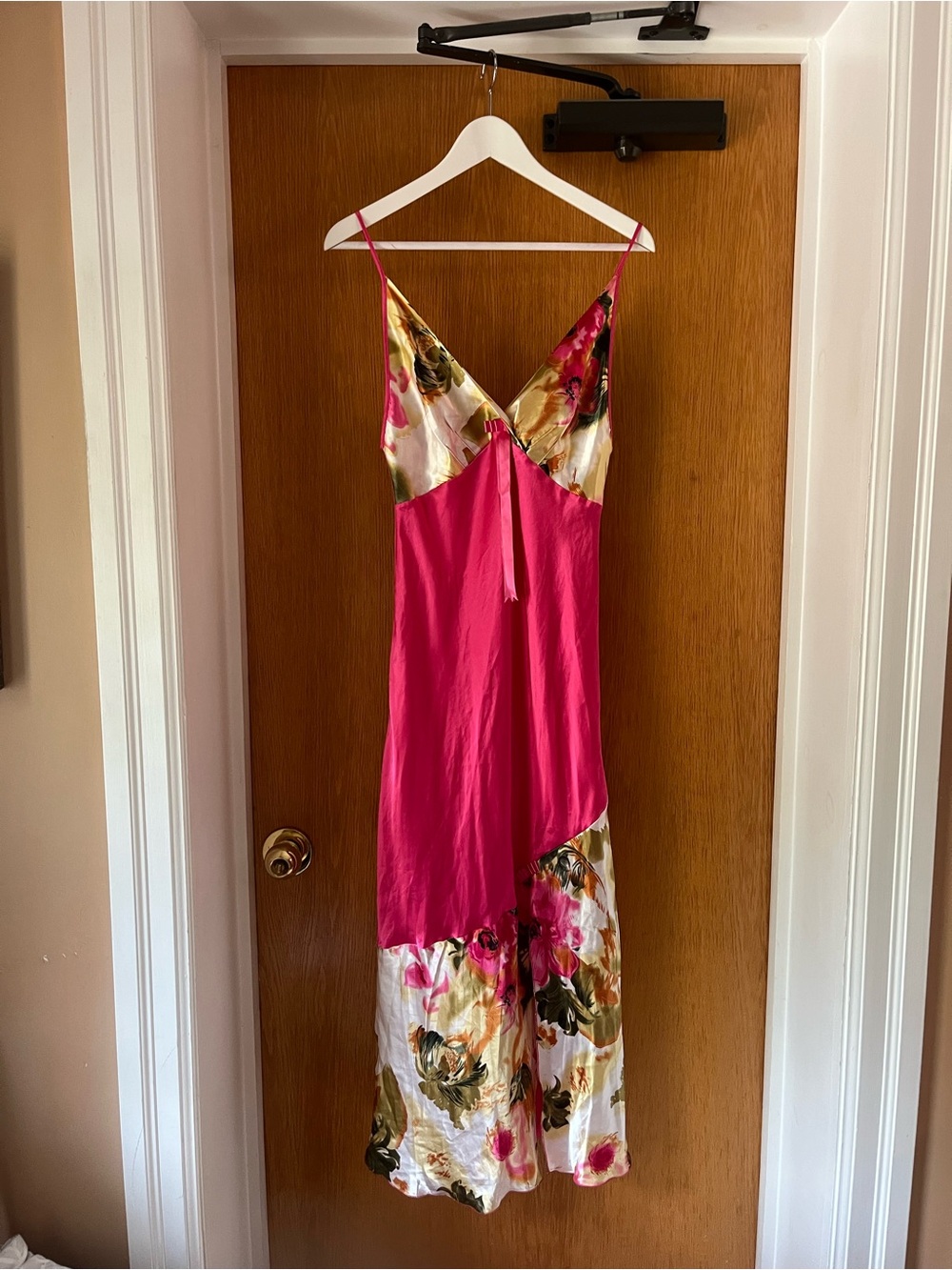 Vintage - Floral Satin Robe and Slip Set - Hot Pink Accents